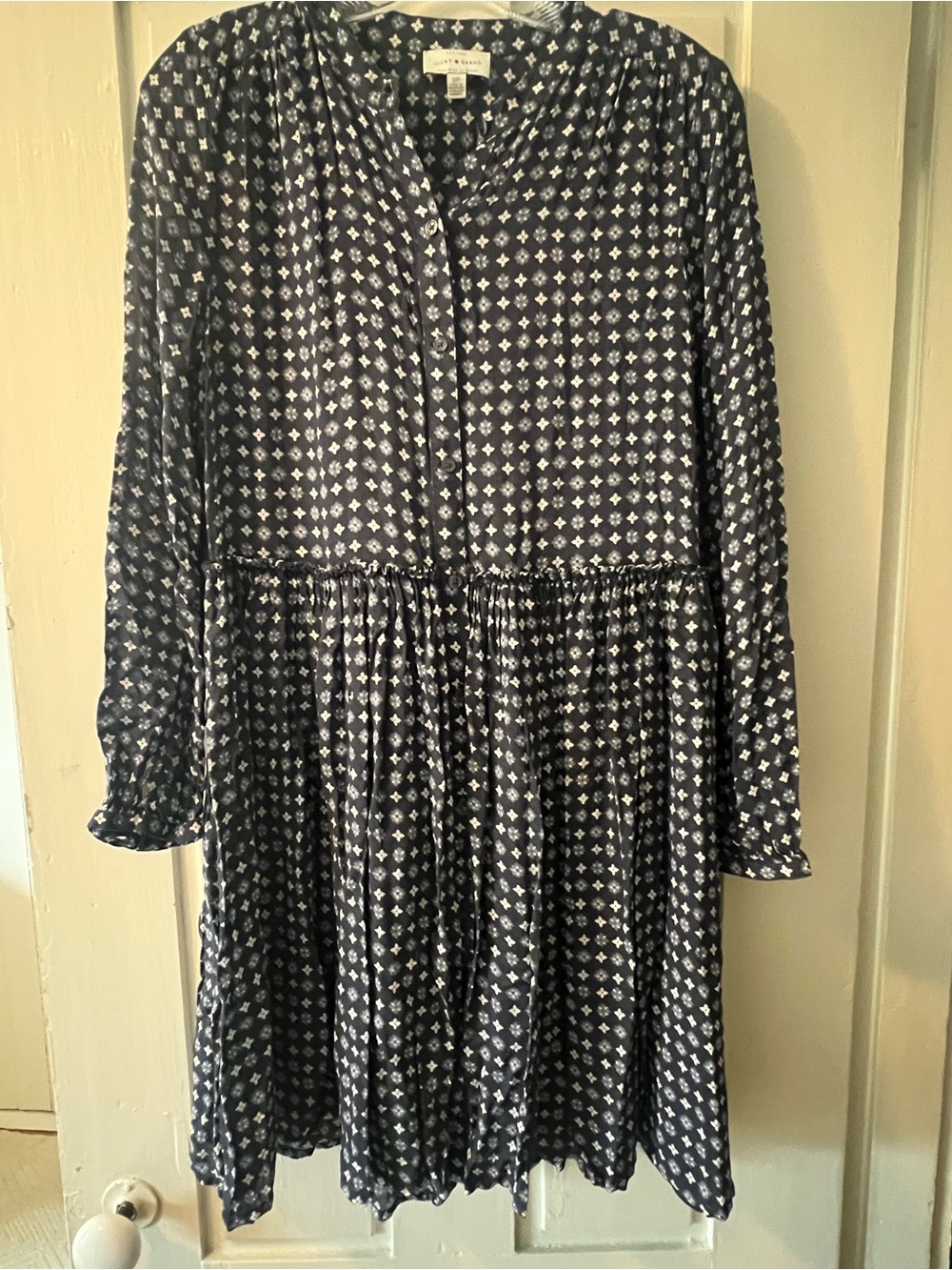 Lucky Brand Navy and White Printed Long-Sleeve Tiered Dress